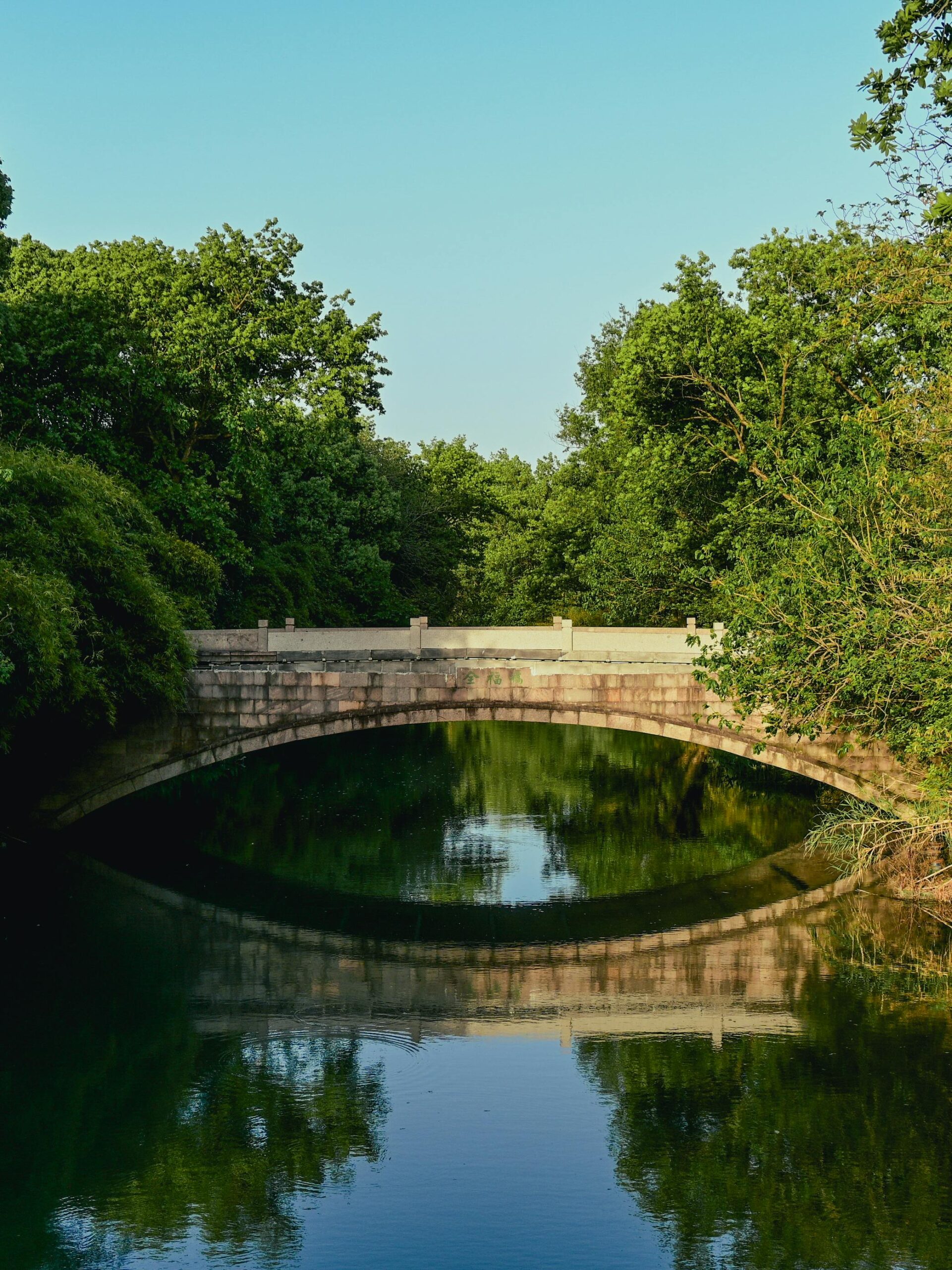 Peaceful stone bridge over a calm river with lush green surroundings under a clear sky.